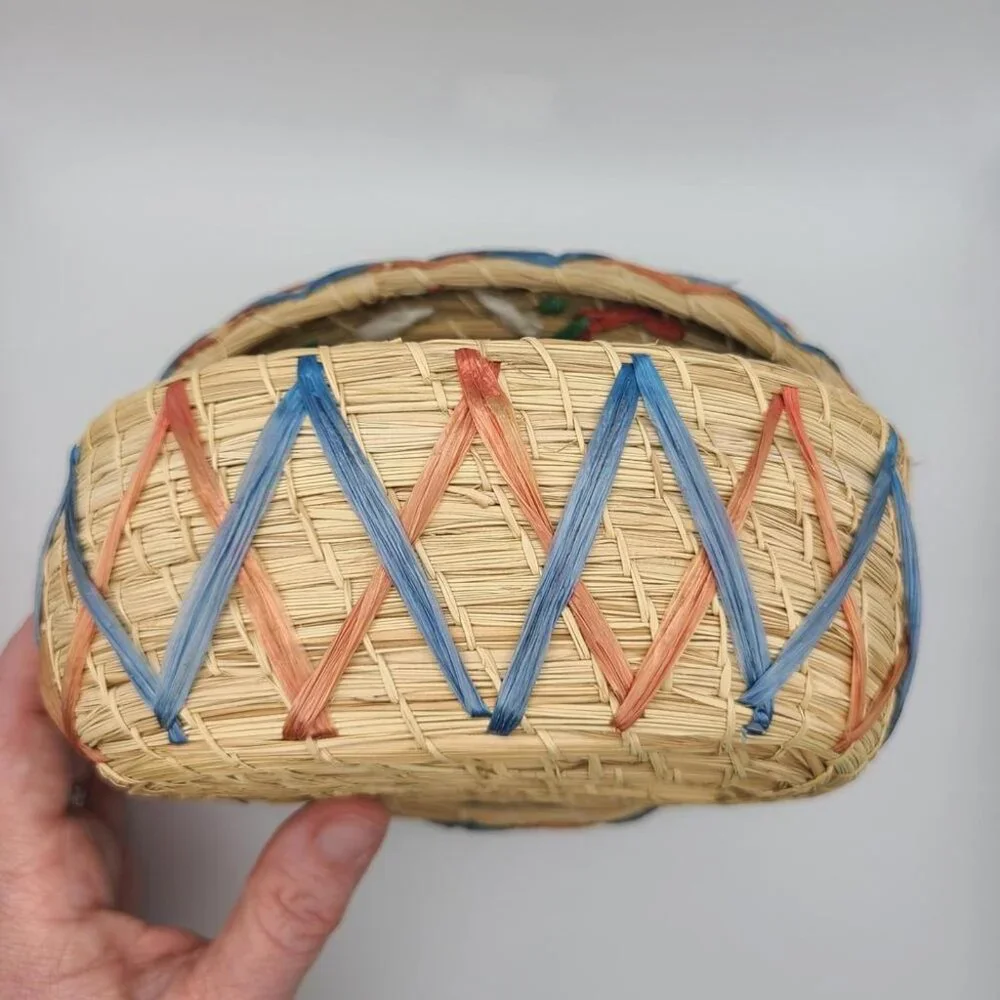 Vintage Handmade Woven Basket with Lid and Raffia Floral Embroidery